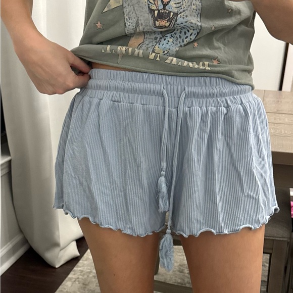 Ocean Drive Pants - Light Blue Ribbed Stretch Casual Ruffle Women's Lounge Summer Shorts